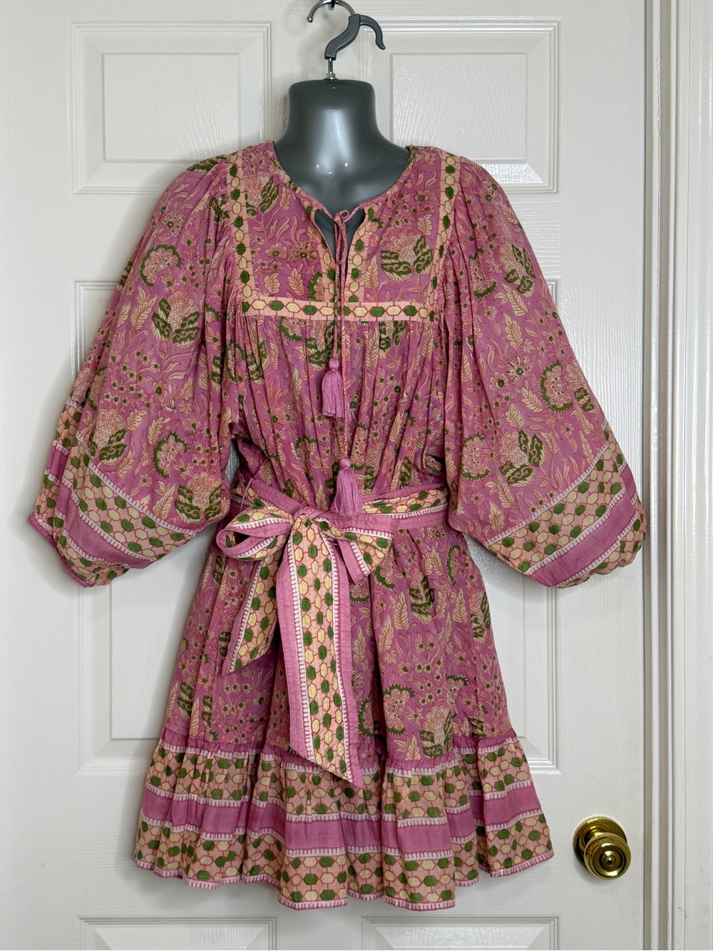 Cleobella Pink Organic Cotton Boho Mini Dress Tassel Tie Size Medium